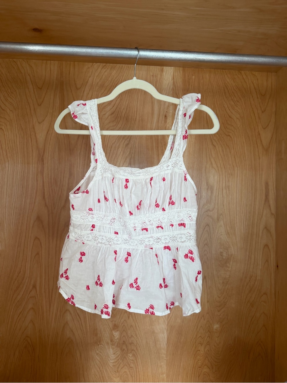 Free People White Tank Top with Red Floral Print and Lace Trim